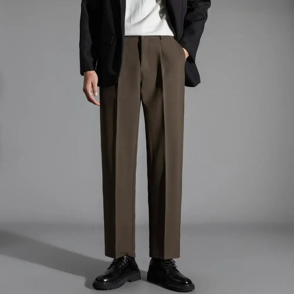 Solid Color Dress Pants Formal Men's Suit Pants with Drawstring Closure Straight Leg Slacks for Office Wear Solid Color Business