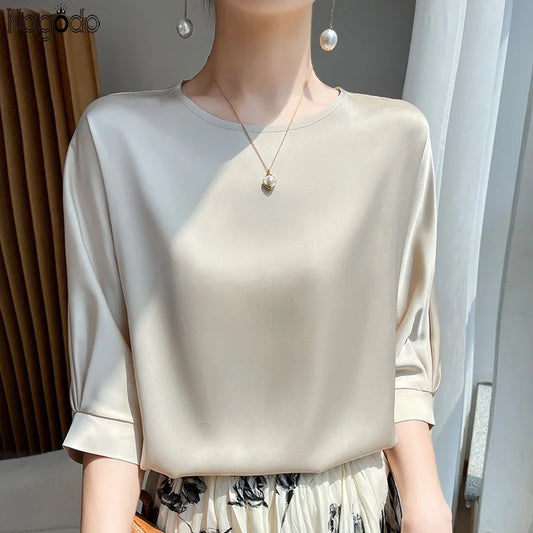 HIgh Quality Office Lady Tops Summer Half Sleeve O-Neck Satin Blouse Women Shirts Simple Solid Fake Silk Casual Loose Blusas