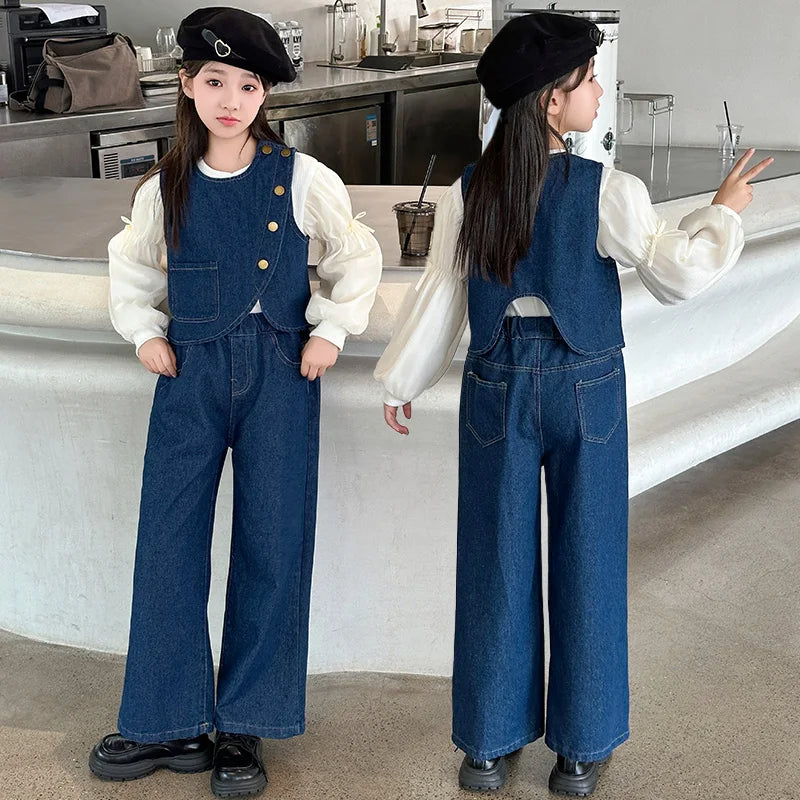 autumn teen girls denim suit Irregular cowboy vest+bubble sleeve shirt+denim wide leg pants junior kids jeans suit child outfits