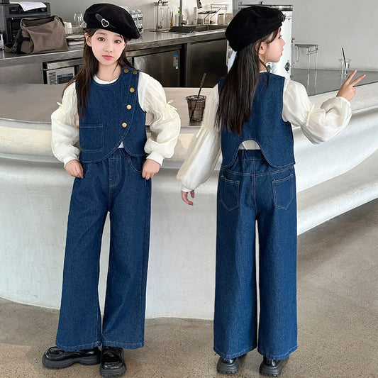 autumn teen girls denim suit Irregular cowboy vest+bubble sleeve shirt+denim wide leg pants junior kids jeans suit child outfits