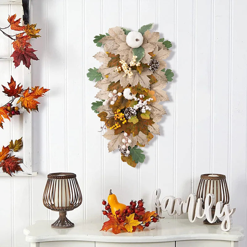 Artificial Pumpkins Maple Leaves Fall Wreath For Front Door Wall Farmhouse Decor And Thanksgiving Harvest Festival Celebration