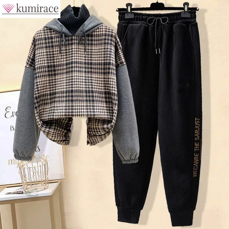 Velvet Thickened Checkered Splicing High Neck Hooded Sweater Pullover Casual Ankle Pants Two-piece Set Women's Sports Suit