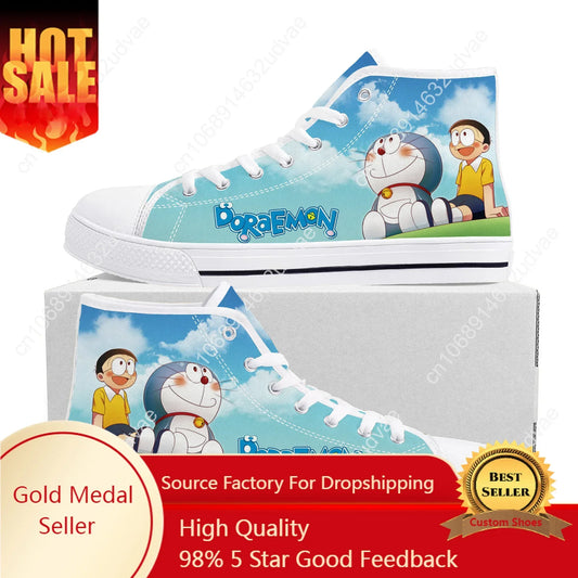 Japanese Anime D-Doraemons Cute High Top Sneakers High Quality Men Women Teenager Canvas Sneaker Casual Couple Shoes Custom Shoe