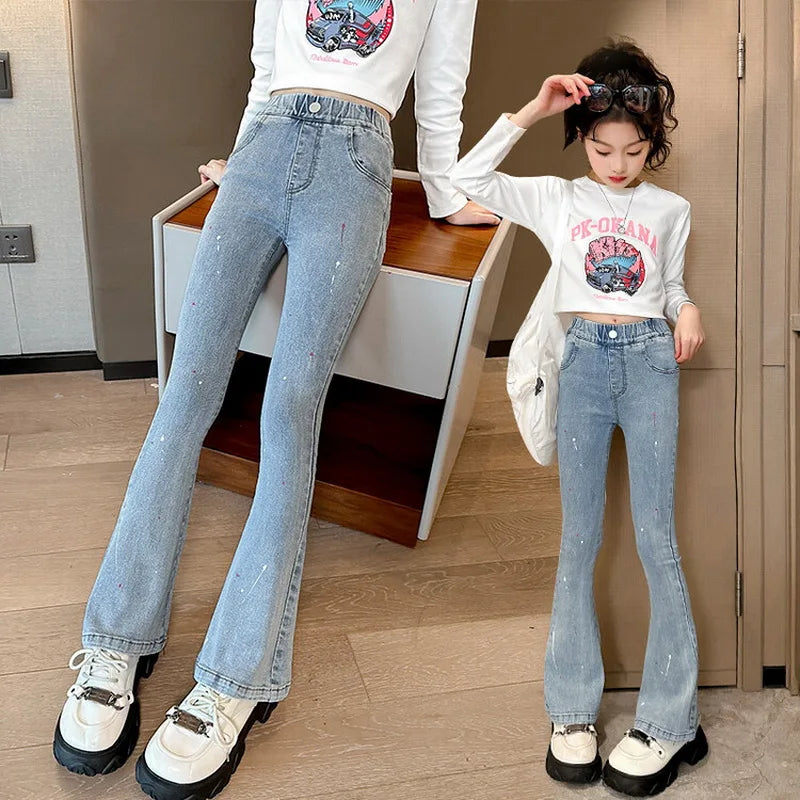 New Spring Autumn Teens Girl Clothes Denim Jeans Fashion Graffiti Harajuku Tight flared Pant Child High Elastic Waist 4-15 years