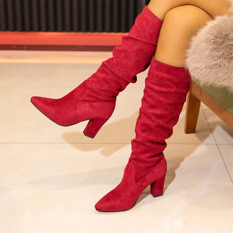 Sexy Women Pointed Toe High Boots Suede Mid Heels Shoes 2025 Brand Winter Pleated Chunky Chelsea Boots Designer Warm Pumps Botas