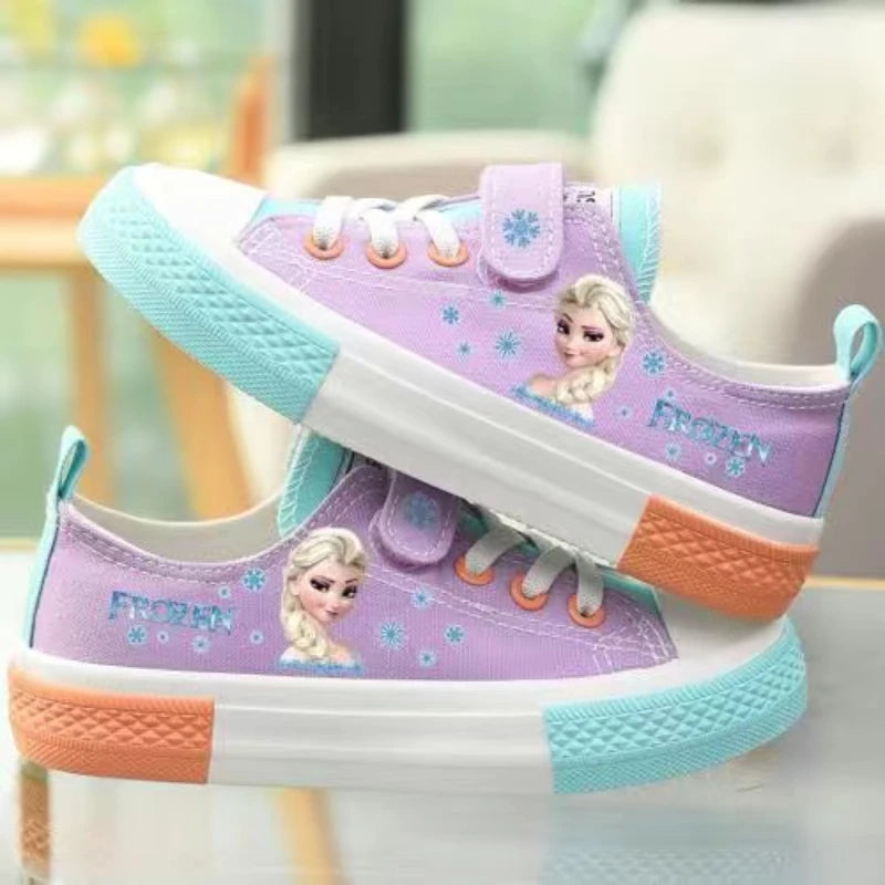 Disney Cartoon Kids Mickey Frozen Elsa and Anna Princess Canvas Shoes Girls Boys Minnie Shoelace Soft Casual Shoes Size 24-37