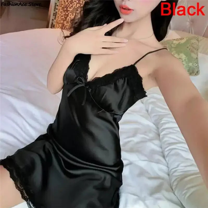 Ladies Silk Sling Nightdress Women's 2024 Summer Sexy Lingerie Satin Nightgowns Sleepshirts Lace Cup V-neck Nightwear Homewear