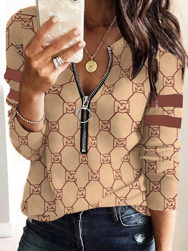 Autumn Elegant Women's Zipper Blouse Tops Spring Casual Print   Long Sleeve Pullover  T-shirt Women Shirts 3XL Female Clothing