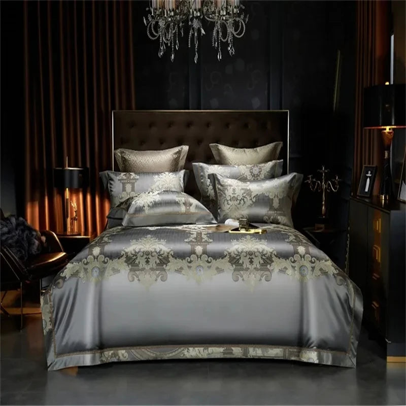 Luxury Silver Grey Egyptian Cotton Damask Jacquard Weave Duvet Cover Premium 4Pcs Bedding set Flat/Fitted Sheet 2Pillow shams