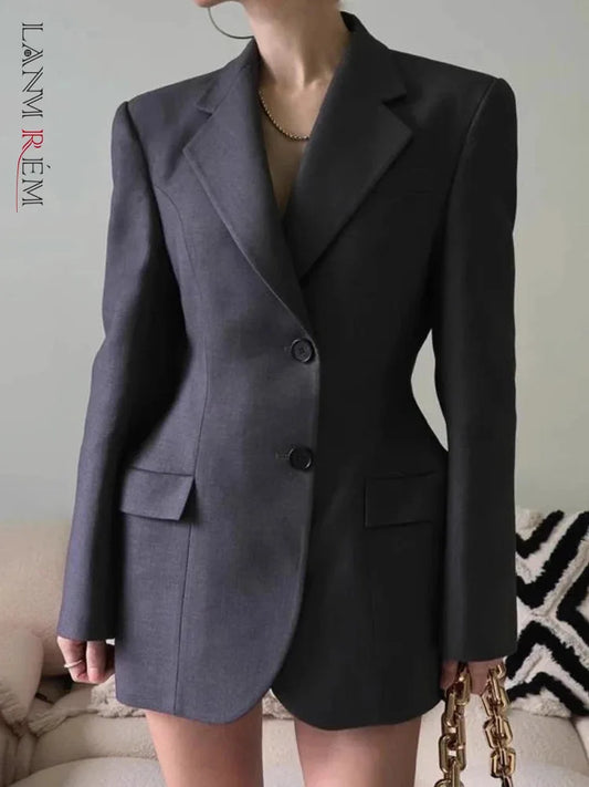 [LANMREM] Temperament Gathered Waist Blazers For Women Single Breasted Office Lady Solid Jackets 2024 Spring New 26D8986