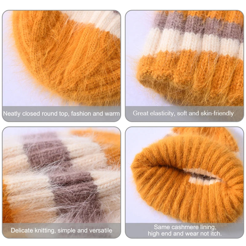 Jxwatcher Winter Long Rabbit Fur Knitted Beanie Hats Ladies Casual Thicken Warm Three Color Joining Together Bonnet Female Fall