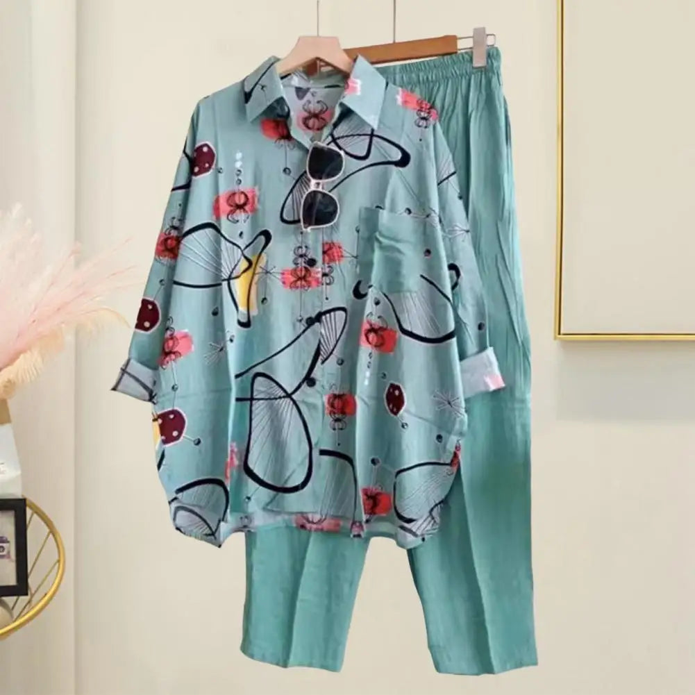 Loose Fit Women Suit Colorful Print Women's Shirt Pants Set with Long Sleeve Blouse Wide Leg Trousers Casual Daily for Ladies