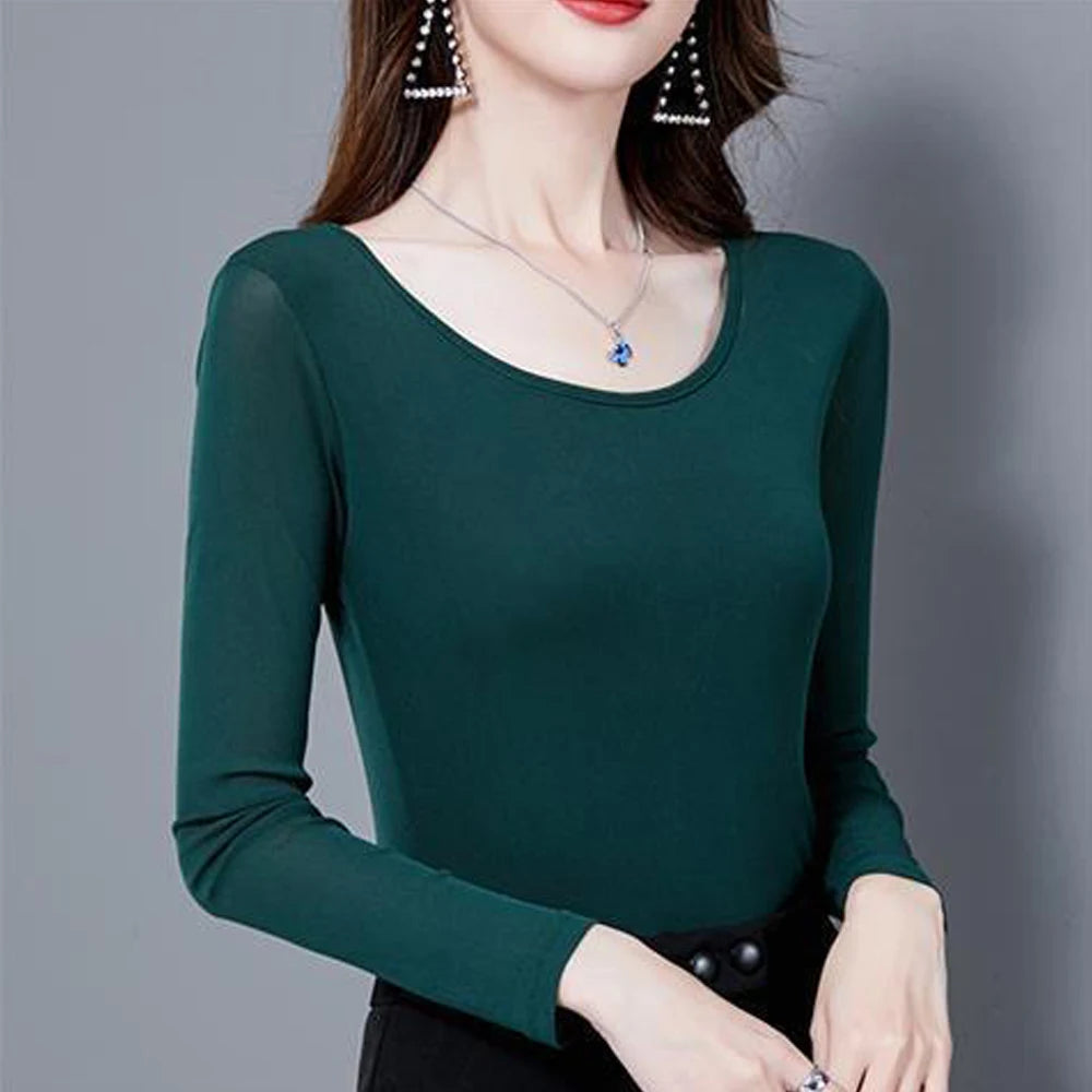 Women's New Mesh T Shirt S-4XL Basic O-neck Full Sleeve Shirt Women Slim Stretch Female Bottoming Blouses Green Ladies Sexy Tops