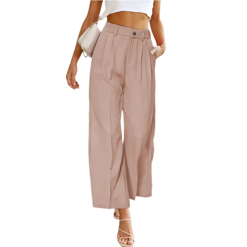 2023 the spring and autumn period and the new women's leisure wide-legged dress pants of tall waist button long belt pockets