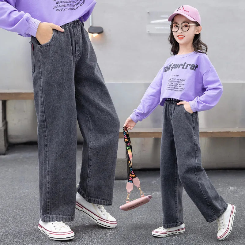 Teen Girls Jeans Spring Autumn Children Trousers 2024 New Letter Elastic Waist Girls Denim Wide Leg Pants 5-14Yrs Kids Clothes