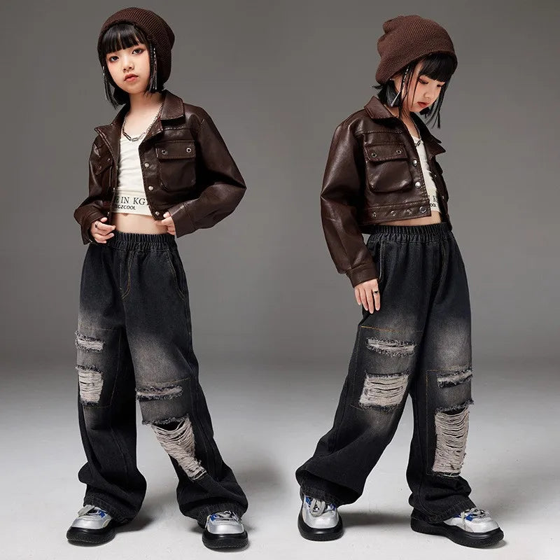 Hip Hop Kids Leather Jacket Girls Black Denim Pants Street Dance Clothes Sets Teenage Streetwear Costumes Children Fashion Suit