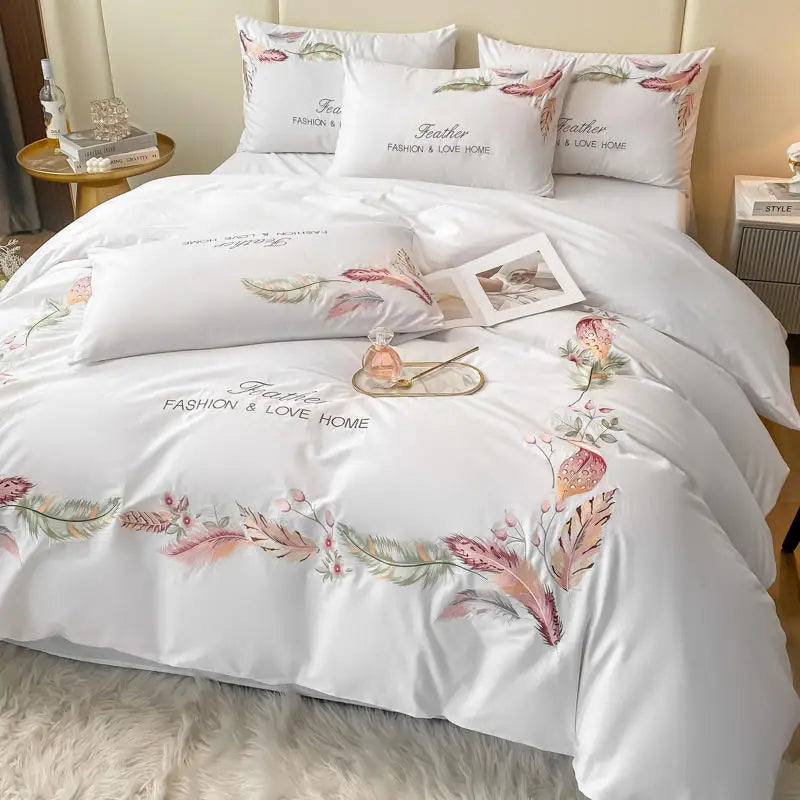 White Feather Embroidered Bedding Set Luxury 4pcs Solid Color 100%Cotton Duvet Cover Bed Sheet Pillow Shams Queen King Size