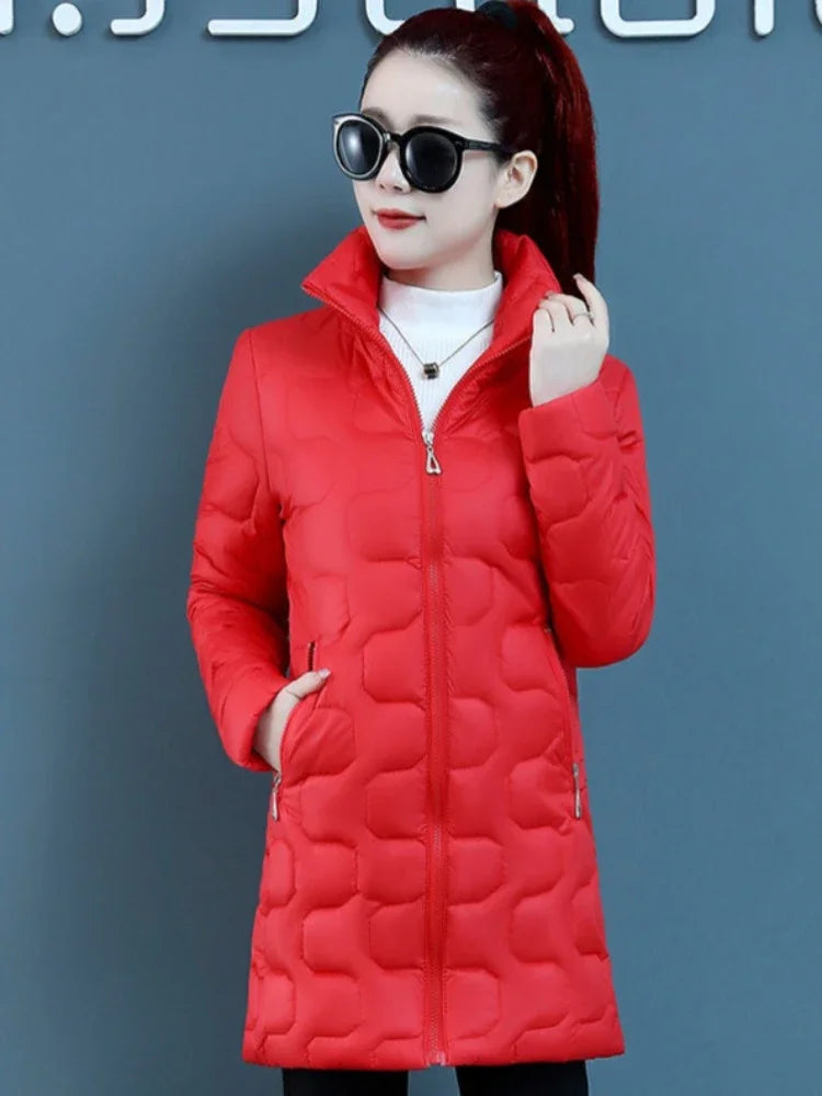 Red Zip-up Women's Cotton Coat Lightweight Padded Jacket Long Parkas Quilted Discount High Quality Luxury Offers Cold Lady Parka