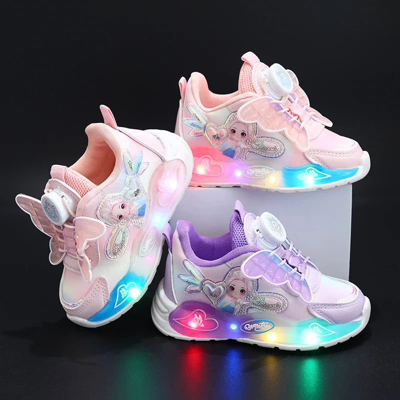 Disney LED Casual Sneakers Spring Girls Frozen Elsa Princess Leather Rotating buckle Shoes Children Lighted Non-slip Pink Purple