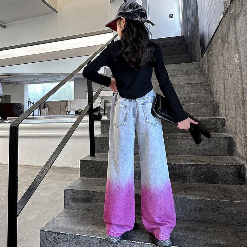 2024 Teenage Girls Hole Wide Leg Pants Fashion Loose Street Gradient Color Jeans for Kids Clothes 4-14Y School Children Trousers