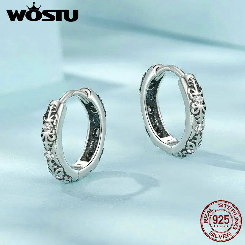 WOSTU Vintage 925 Sterling Silver Retro Flower Earrings For Women Shiny CZ Ear Hoop Gift For Mom's Lady Party Dating Jewelry