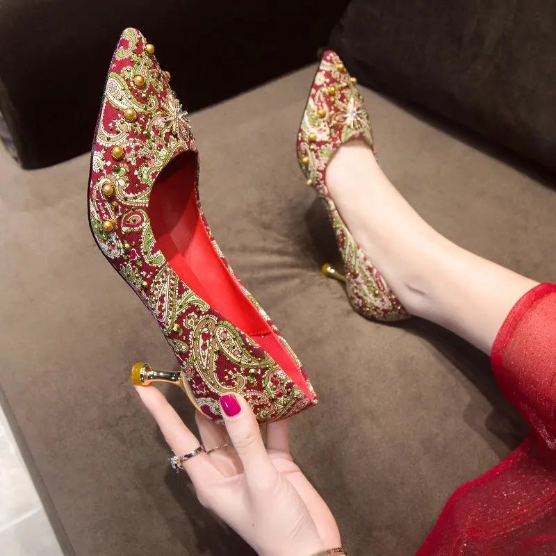 Fashion Thick with Big Red Sexy Ladies Single Shoes 5cm and 7cm Pointed Fine with The Net Red New  High Heels Female Shoes Pumps