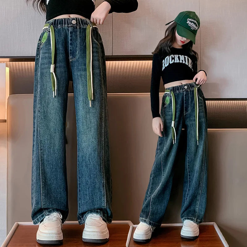 Teenage Girls Wide Leg Jeans Autumn School Kids Straight Pants Blue Loose All-match Denim Trousers for Children Clothing 4-14Yrs