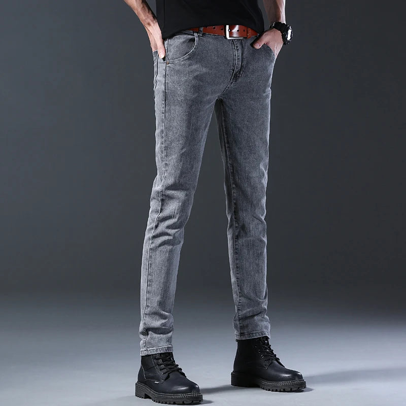 New style jeans, men's slim fit, Korean style comfortable straight leg elastic gray mid waist pants, men's casual denim pants