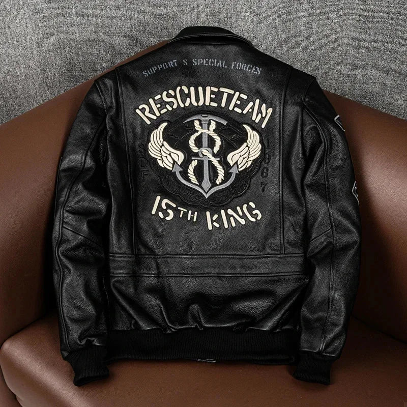 2025New Men’s Flying Suit Genuine Leather Coat Cowhide Indian Embroidery Motorcycle Jackets