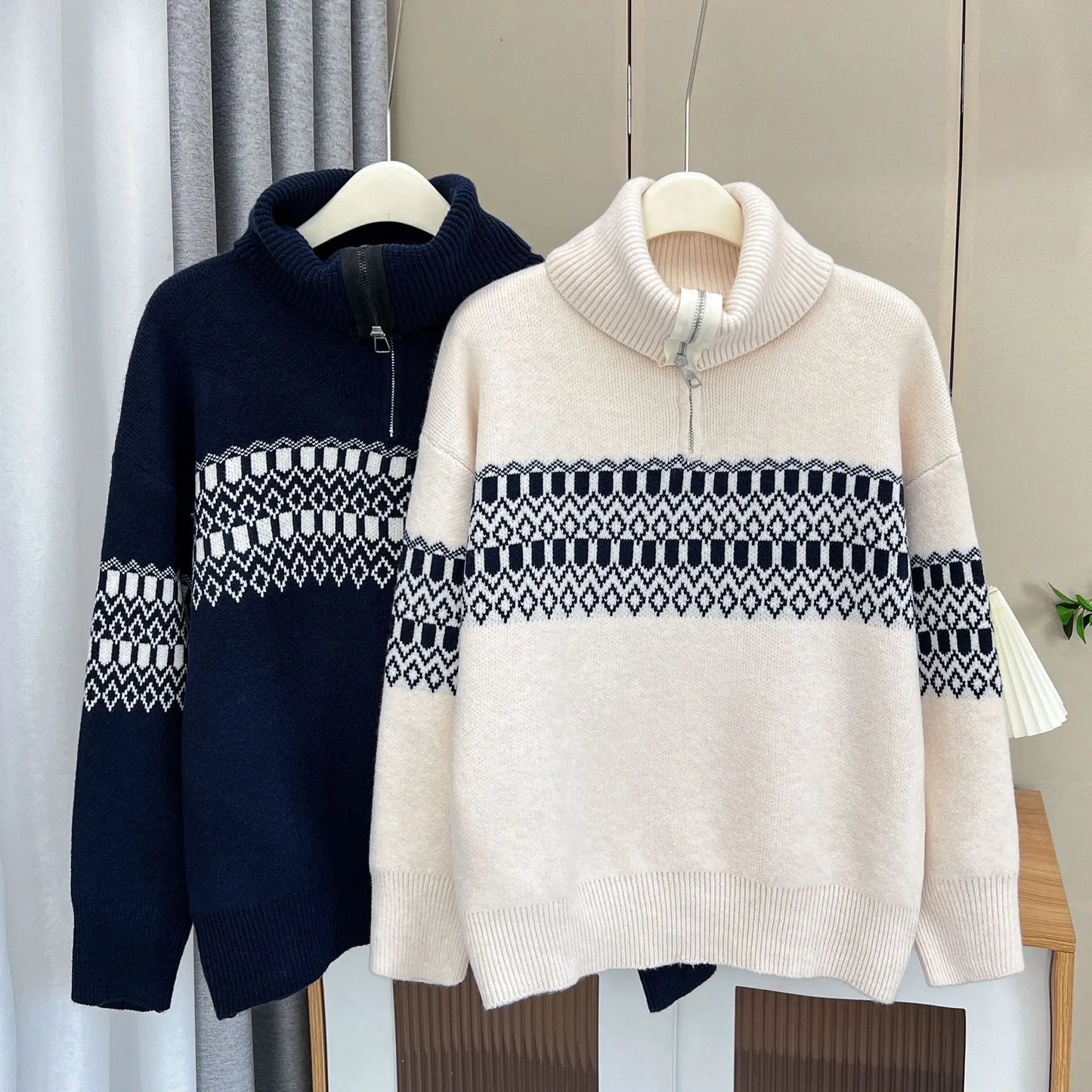 Stylish Contrast Color Jacquard Turtleneck Sweater Women Autumn Winter 2023 Plus Size Thermal Pullover Jumpers