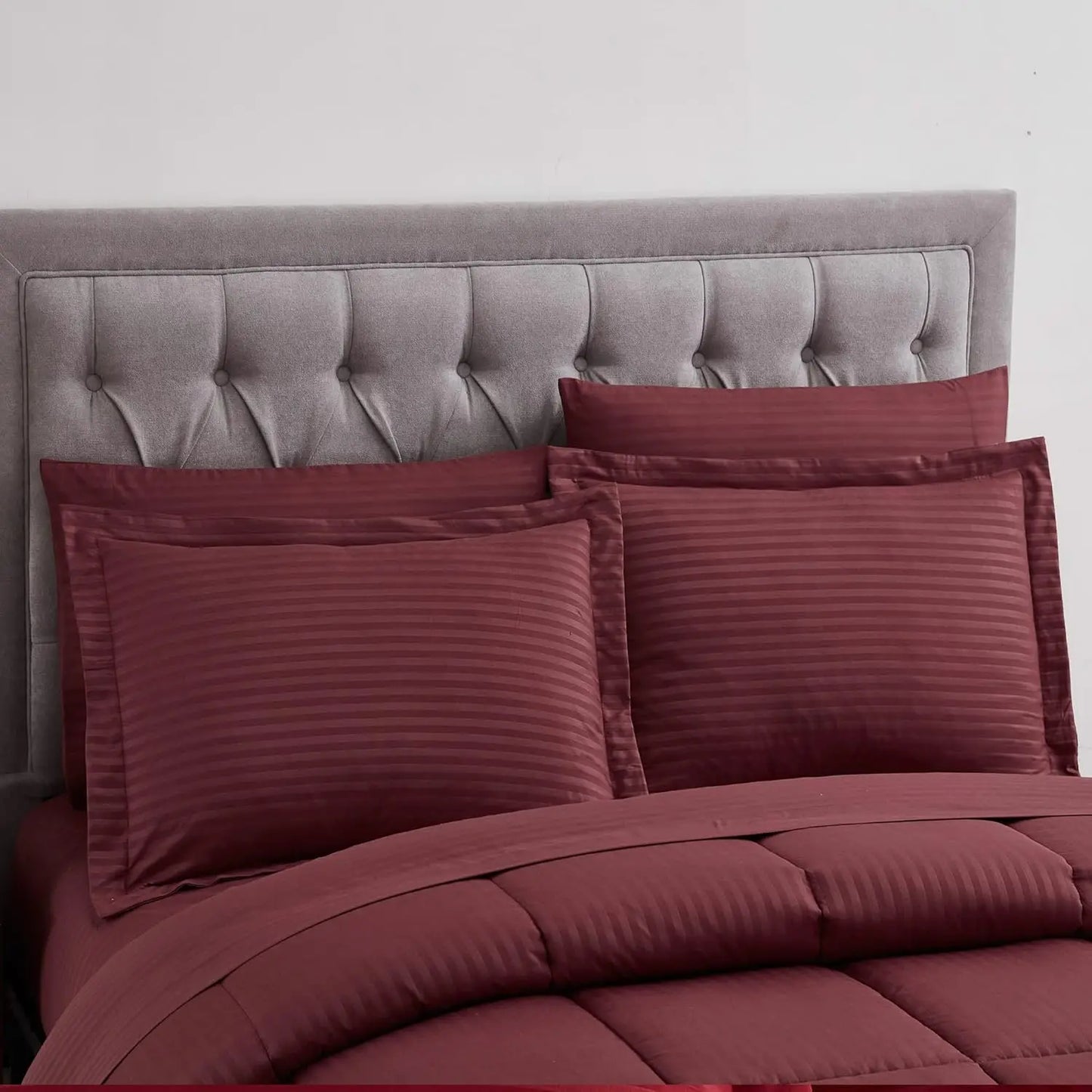 8 Piece Bed in a Bag with Bed Skirt, Fitted Sheet, Flat Sheet, 2 Pillowcases, 2 Pillow Shams, King, Dobby Burgundy