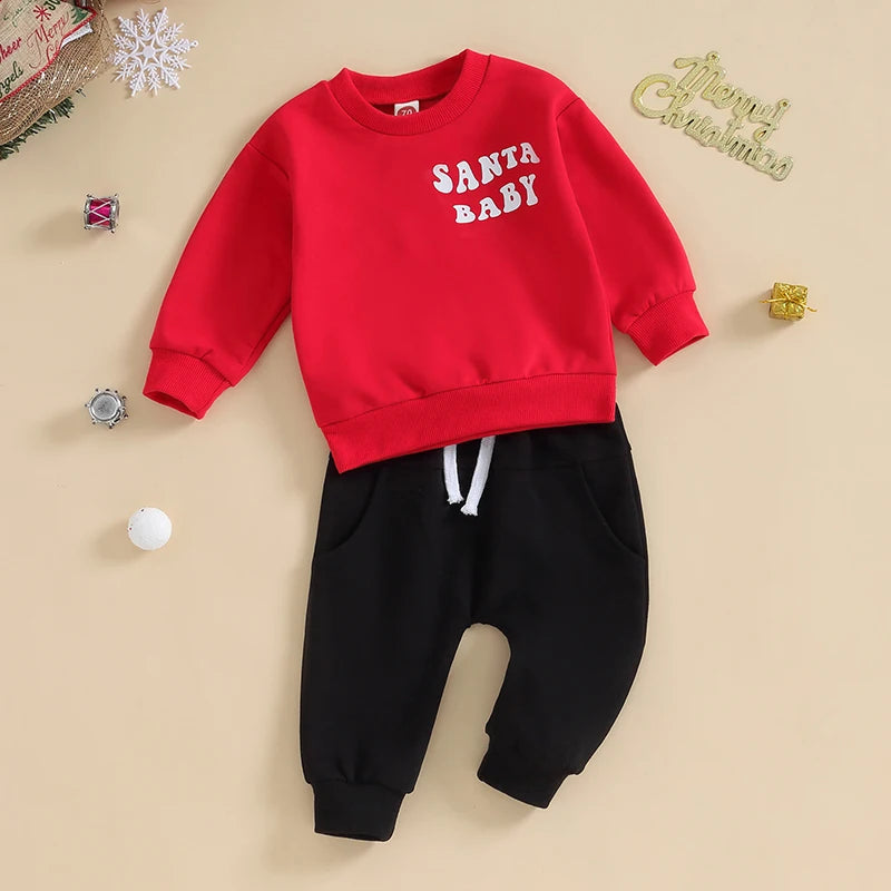 Toddler Baby Boy Christmas Outfits Santa Embroidery Sweatshirt Jumper Elastic Pants Newborn Infant Fall Winter Clothes