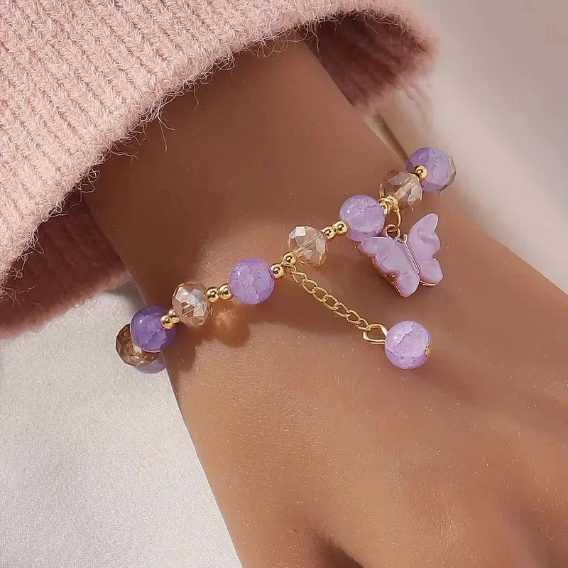 1Pcs Women Girls Glass Beads Bracelet Butterfly Shape Pendant Ladies Elegant Charm Bacelet Jewelry Accessories