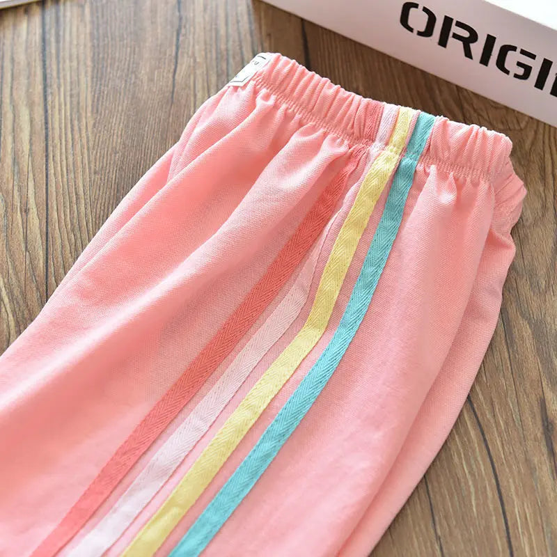 Fall girls' ice silk cotton rainbow striped casual pants Loose large children's baby girls thin tracksuit pants 1 to10 years old