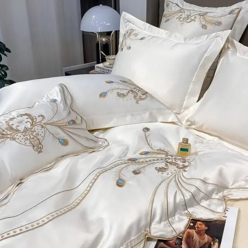 Solid Color Satin Cotton Bedding Set Luxury Golden Feather Embroidered Duvet Cover Bedspread Sheet Pillow shams Home Textiles