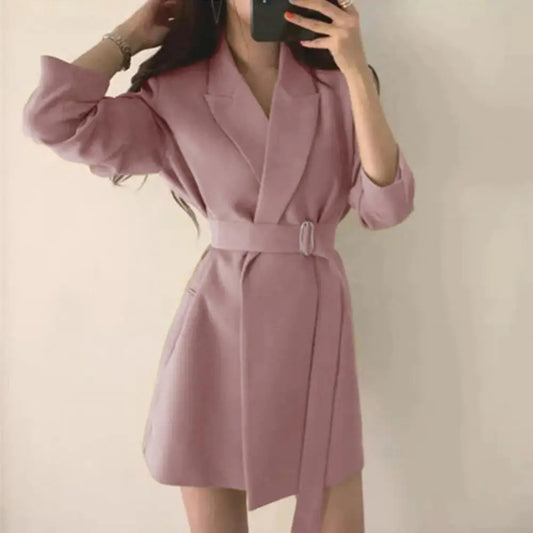 Lady Fall Coat Vintage Korean Commute Lady Suit Coat with Long Sleeve Belted Tight Waist Solid Color Ol Style for Formal