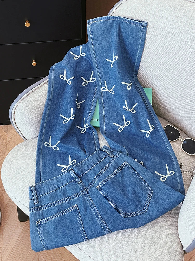 Vintage Women's Bowknot Print Y2K Fashion Wide Leg High Waist Denim Pants Boyfriend Jeans Loose Fit Vintage Jeans for Teen Girls