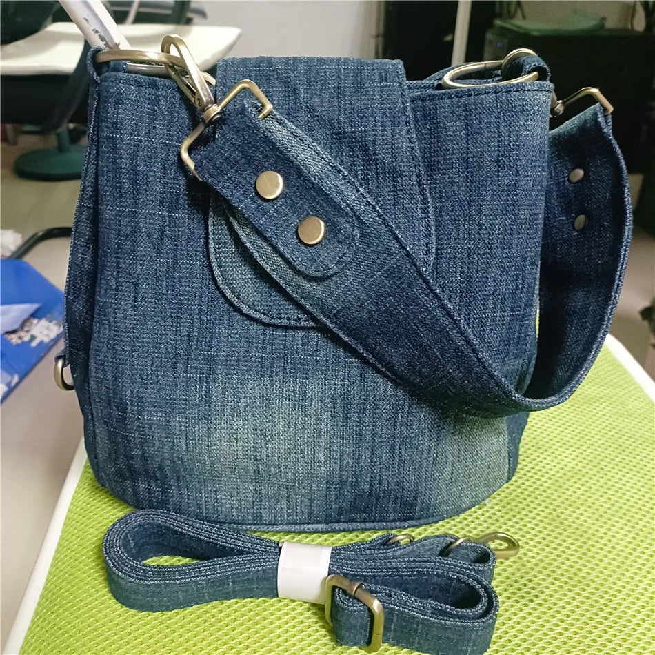 Casual Denim Bucket bag for women Shoulder Crossbody Bag Multiple pockets  ladies handbag Luxury design Female big Totes blue