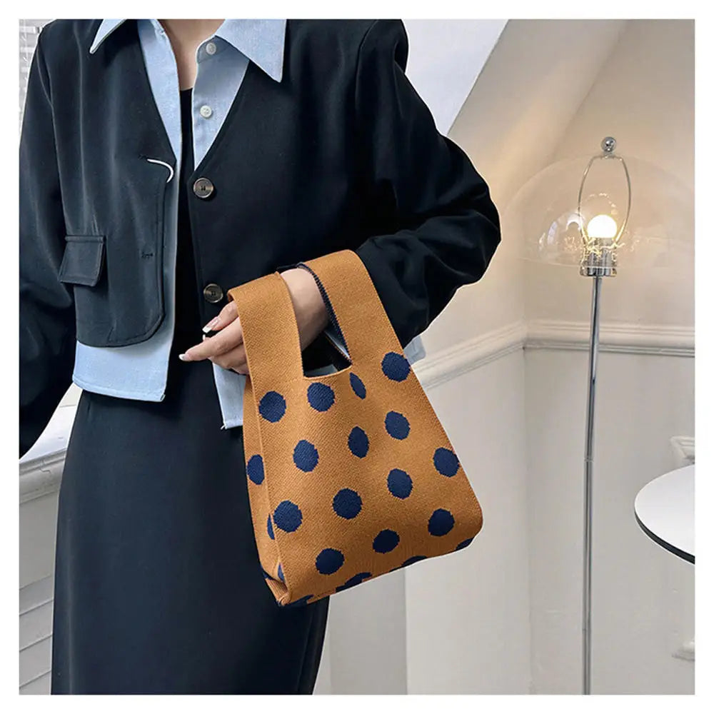 Fashion Polka Dot Knitted Bag Hollow Out Tote Ladies Female Woven Shopper Purse Women's Portable Handbag Key Phone Pouch