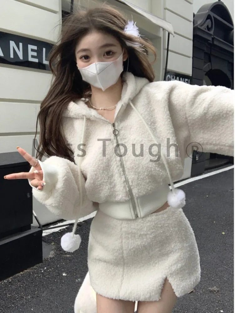 Elegant Solid Two Piece Skirt Sets Women Zipper Hoodies Jacket + Split Mini Skirt Suit Autumn Winter Sexy Korean Style Outfits