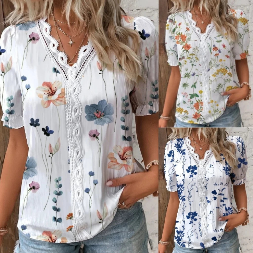 2024 new women's top summer comfortable and casual V-neck lace patchwork printed short sleeved shirt shirt women's clothing