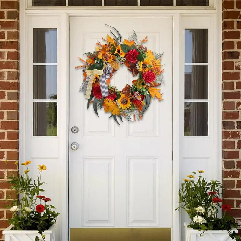 Artificial Harvest Wreath Realistic Fall Wreath With Sunflower Thanksgiving Decoration Door Wreath For Front Door Walls