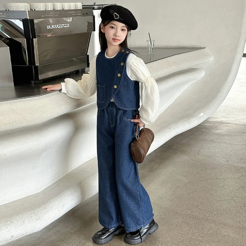 autumn teen girls denim suit Irregular cowboy vest+bubble sleeve shirt+denim wide leg pants junior kids jeans suit child outfits