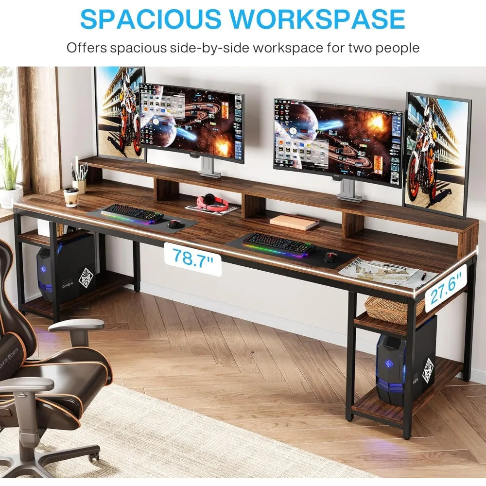 Two Person Desk with Monitor Stand, 78.74" Long Double Computer Office Desk with Storage Shelves, Large Gaming Desk Study