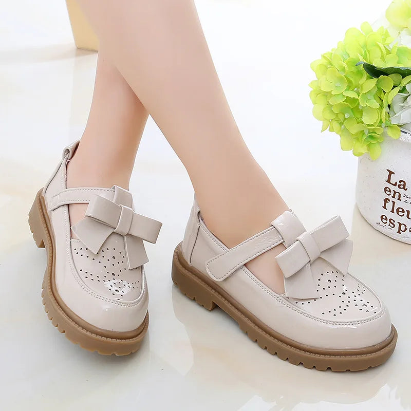 Kids Leather Shoes Girls Oxfords Leather Flats T-strap Children's Shoes Cut-outs Breathable Anti-slip British Vintage Style Bow