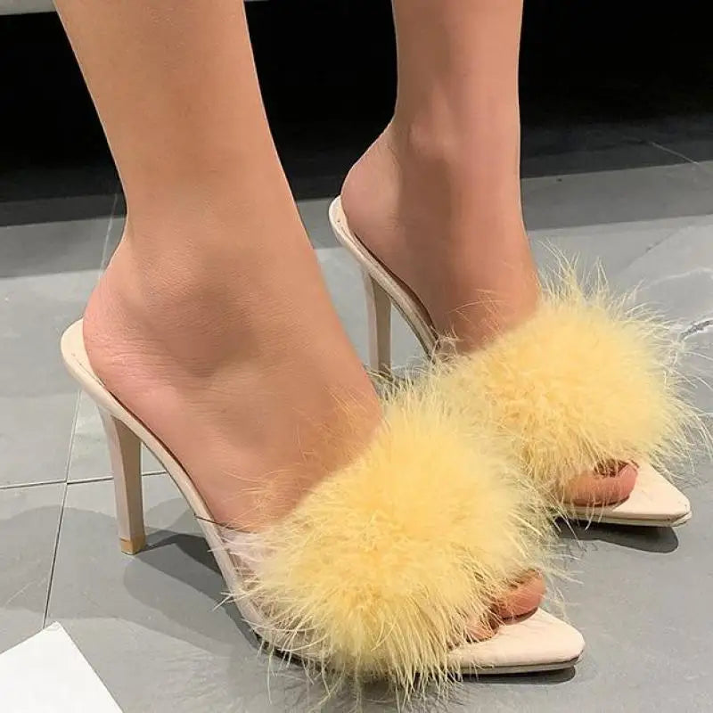 Women Slippers High Heels Fur Stiletto Peep Toe Mules Ladies Indoor Rubber Zapatillas Mujer Pointed Red Summer New Sexy Shoes