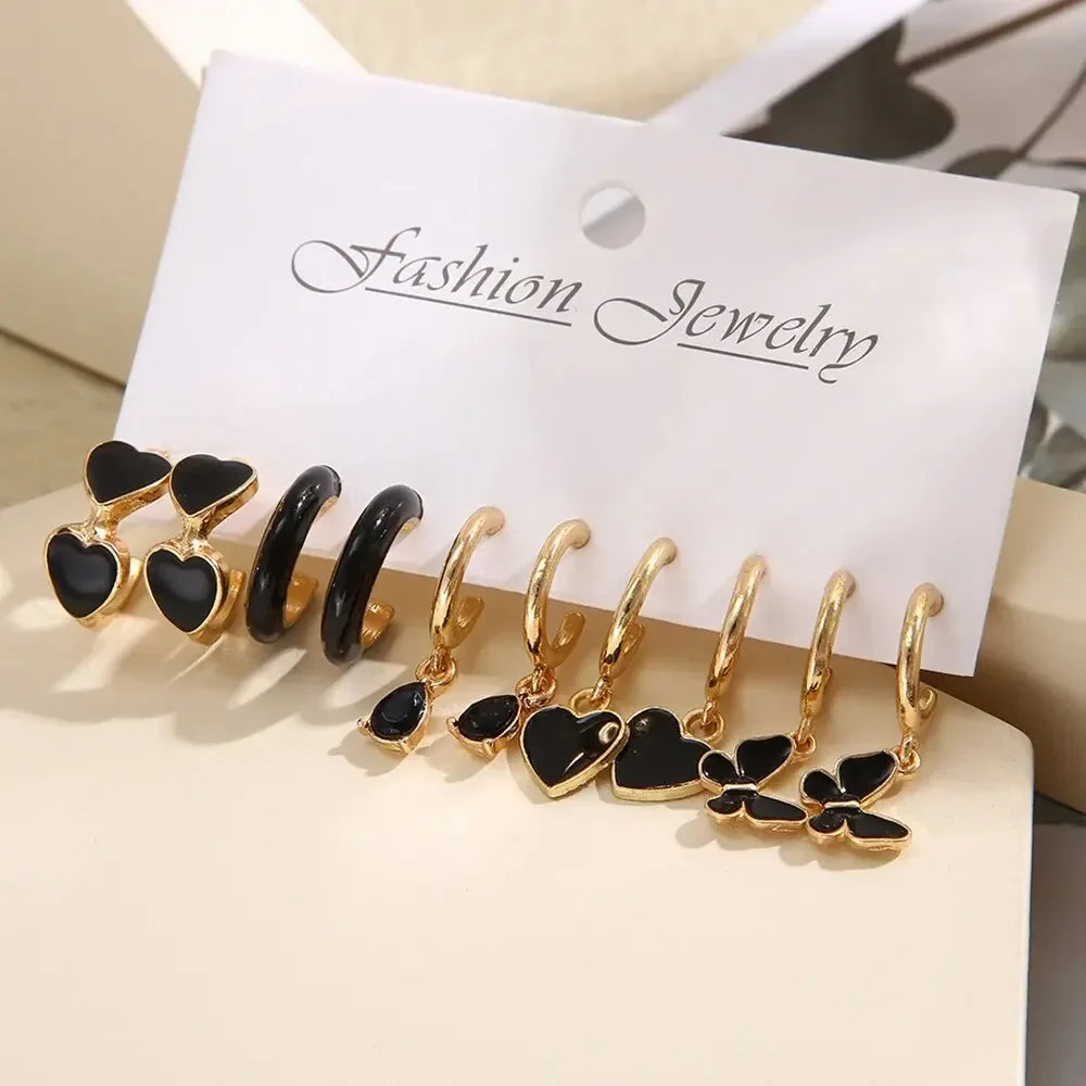 11 Pcs Black Heart Earrings Set for Women Simple Temperament Leaf Butterfly Ladies Hoop Earrings Holiday Wedding Jewelry Gifts