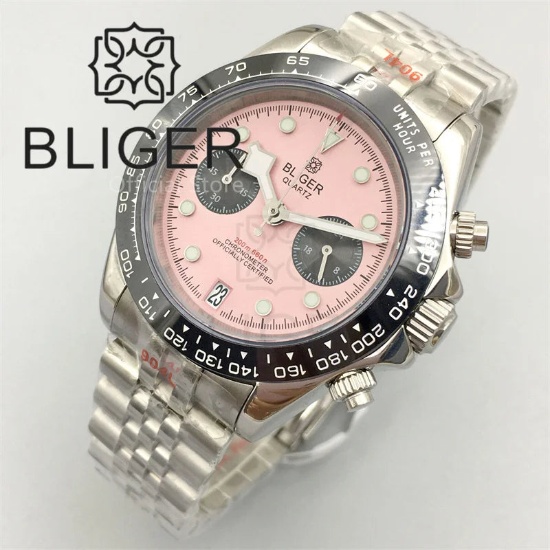 BLIGER 39mm VK64 Moon Quartz Chronograph Watch For Men Sapphire Glass Black Pink Dial With 5 Hands Green Luminous 6 O'clock Date