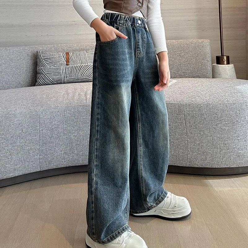 Girl Pocket Bow Embroidery Jeans New Teenage Children Wide Leg Denim Pants for Kids Loose Trousers Spring Autumn 4 -14 Years