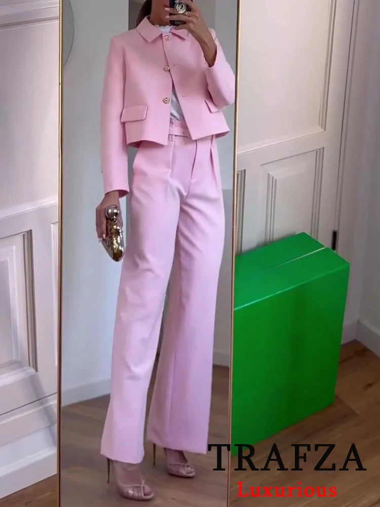 TRAFZA Vintage Chic Office Lady Pink Solid Women Suit Pockets Blazer Belt Straight Loose Pants New Fashion 2024 Office Lady Set